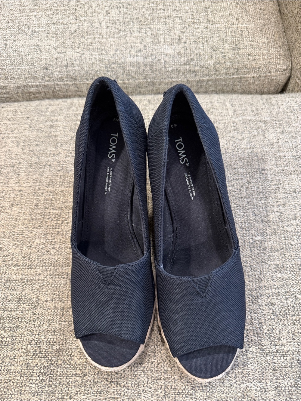 TOMS Women's black Canvas Wedge Peep-Toe Shoes